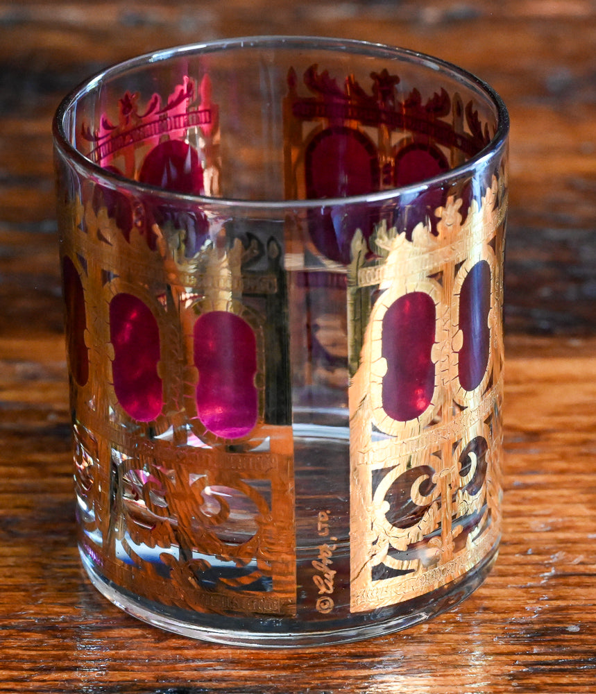 Culver Pisa Azure Scroll Cranberry rocks glasses