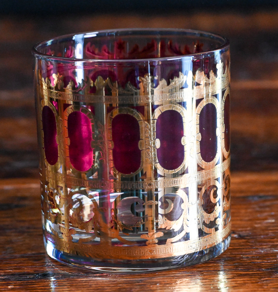 Culver Pisa Azure Scroll Cranberry rocks glasses