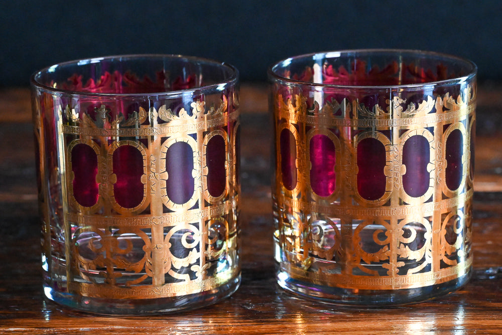 Culver Pisa Azure Scroll Cranberry rocks glasses