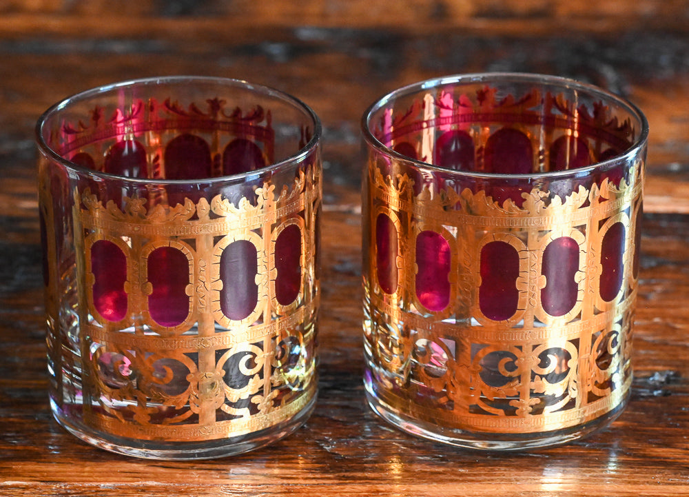 Culver Pisa Azure Scroll Cranberry rocks glasses
