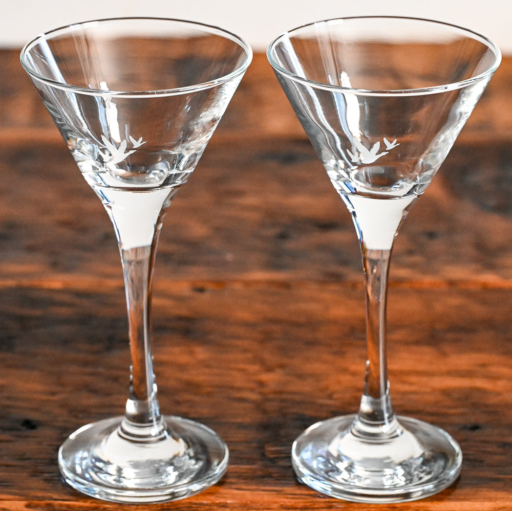 grey goose martini glasses with white geese print