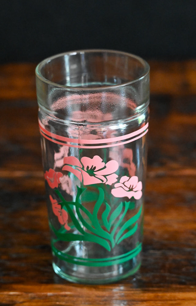 Anchor Hocking Peanut Butter Style Jar Glasses with pink flowers