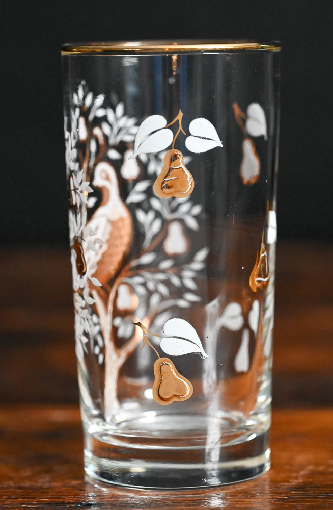 golden partridge in a pear tree Libbey tumblers with white and gold flowers, gold bird and tree