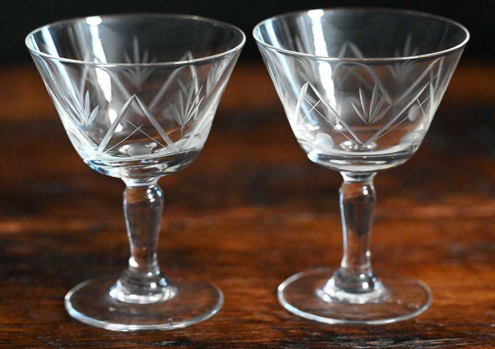 floral and spike etched clear cocktail coupe