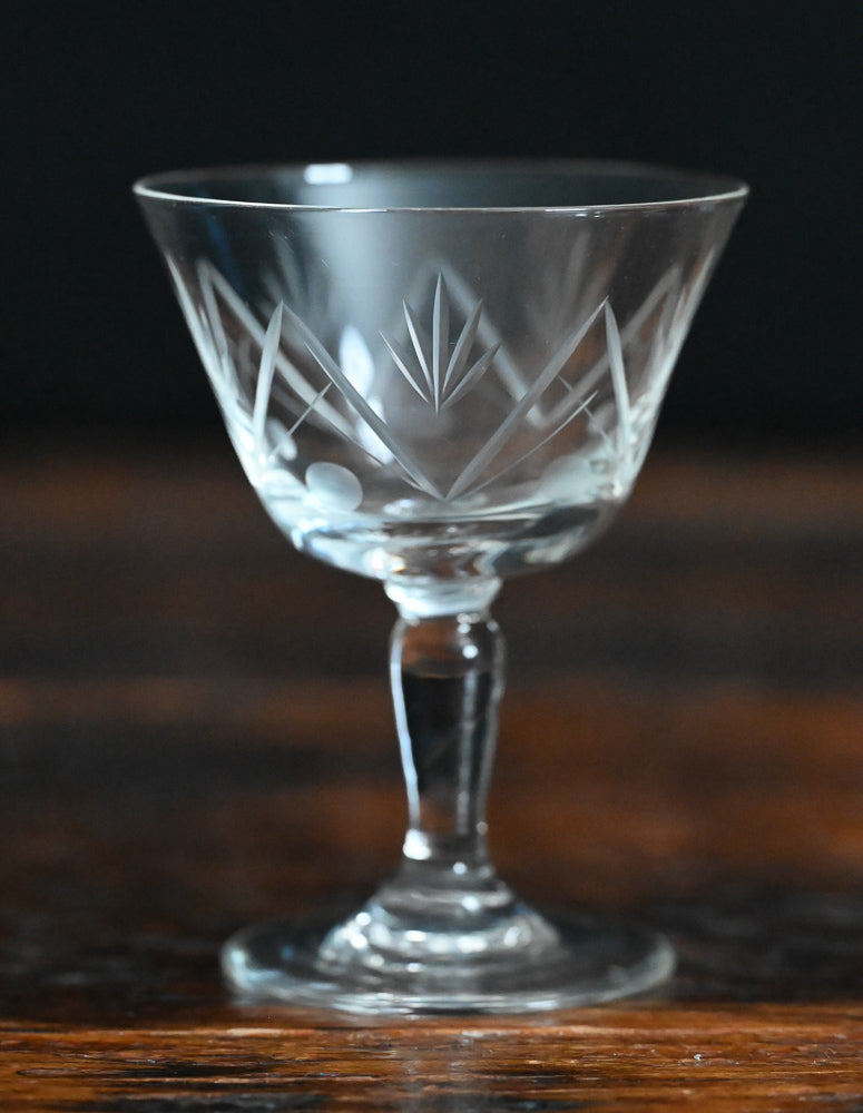 floral and spike etched clear cocktail coupe
