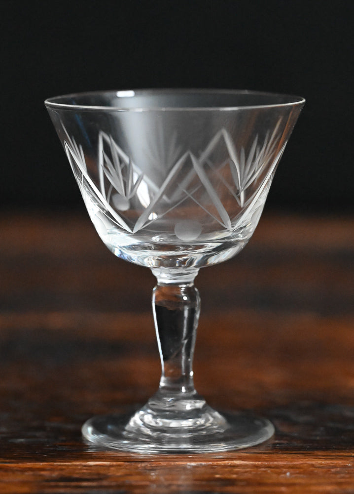 floral and spike etched clear cocktail coupe
