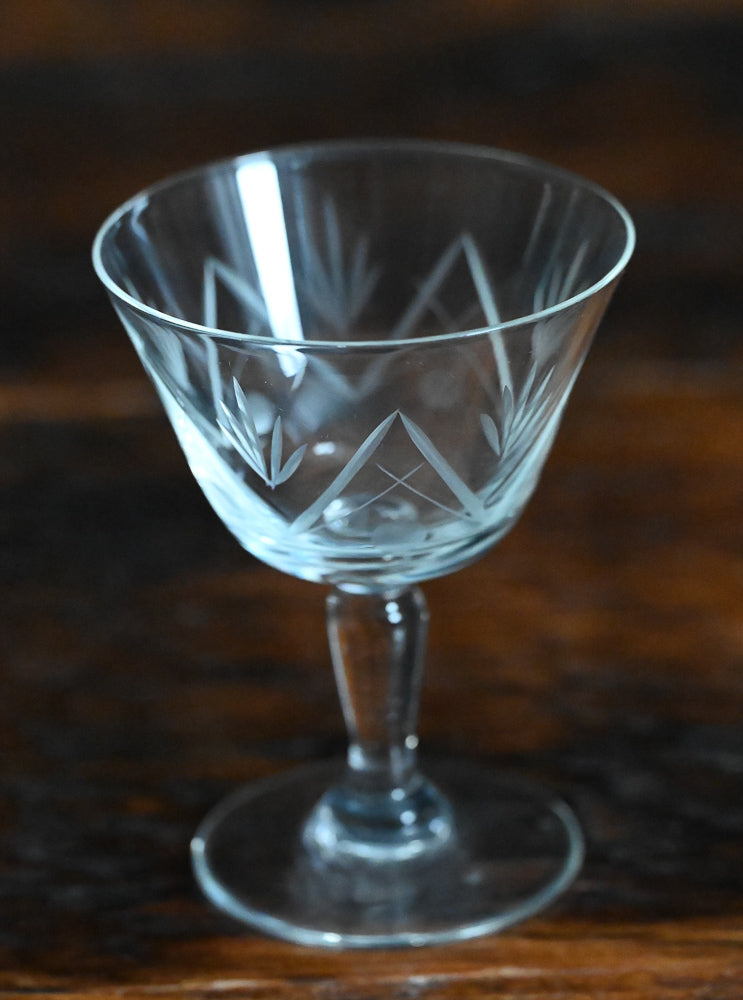 floral and spike etched clear cocktail coupe