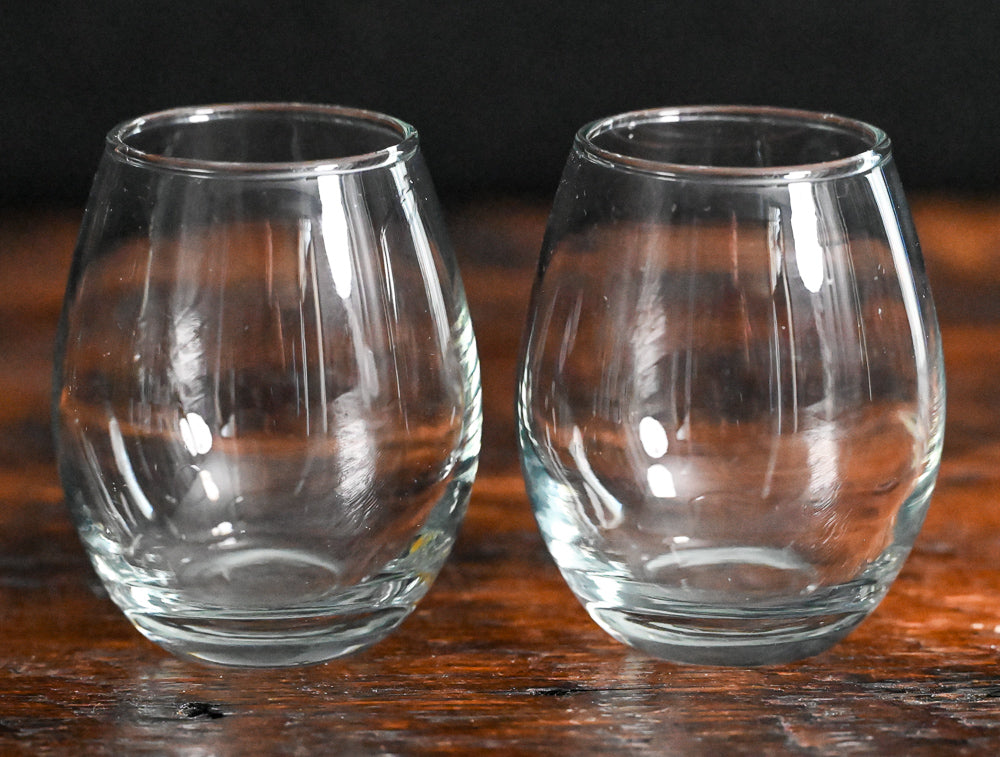clear glass stemless wine glass