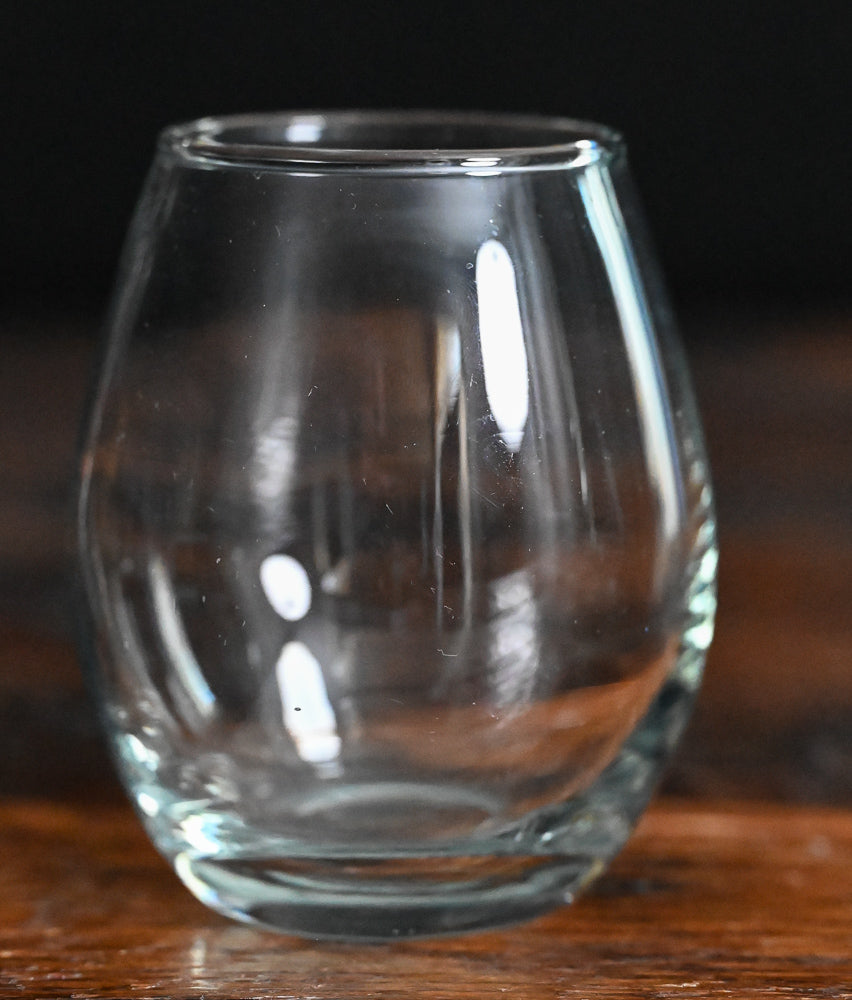 clear glass stemless wine glass