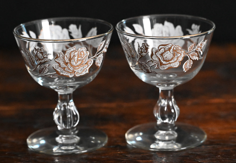 white and gold roses Libbey Rose Bouquet cocktail coupes