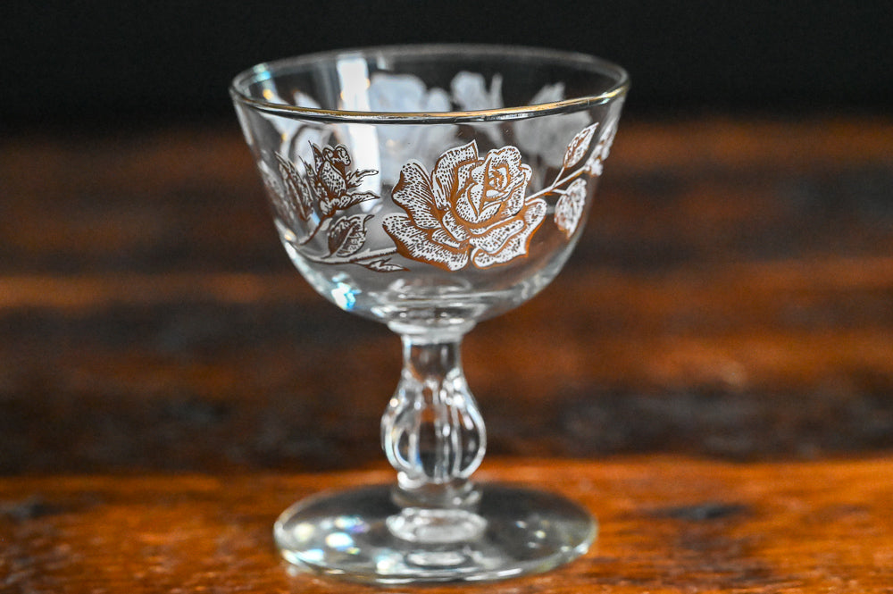 white and gold roses Libbey Rose Bouquet cocktail coupes