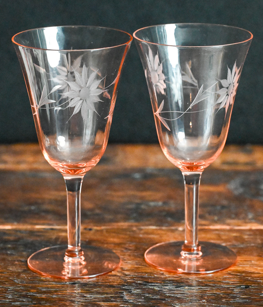 pink depression floral etched wine glasses