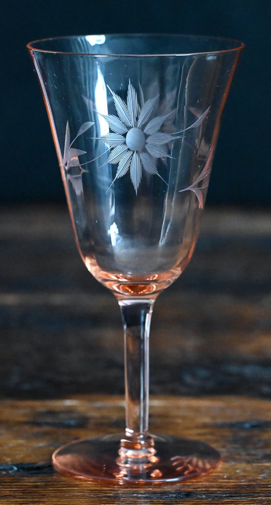 pink depression floral etched wine glasses