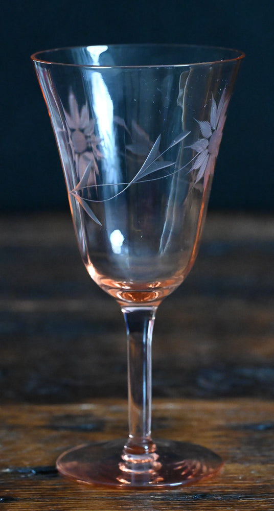 pink depression floral etched wine glasses