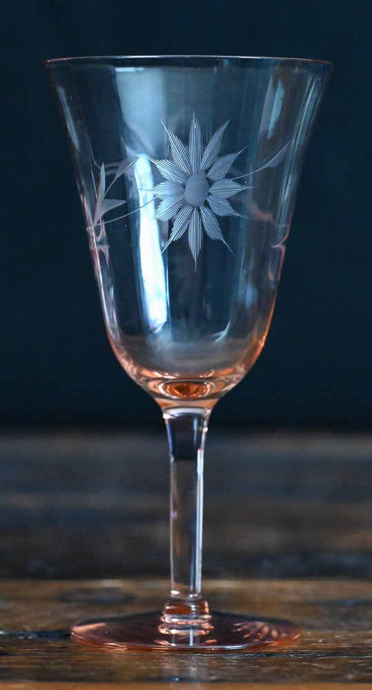 pink depression floral etched wine glasses