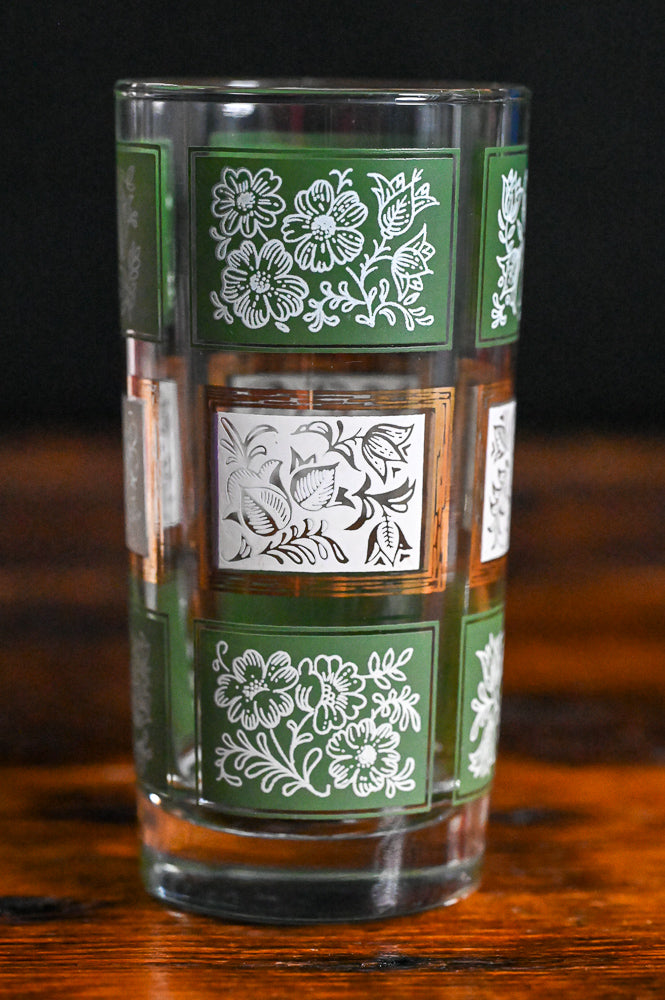 green and white floral highball glasses with gold trim
