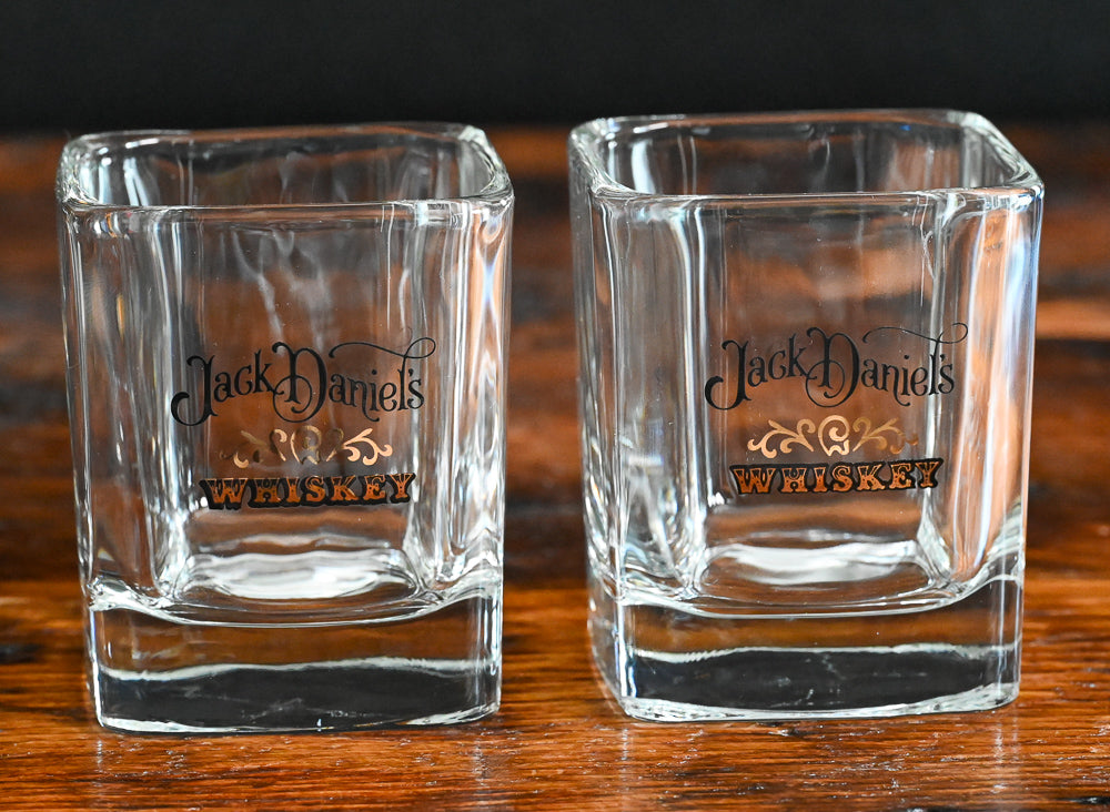 gold and black letters Jack Daniel's Whiskey rocks glasses