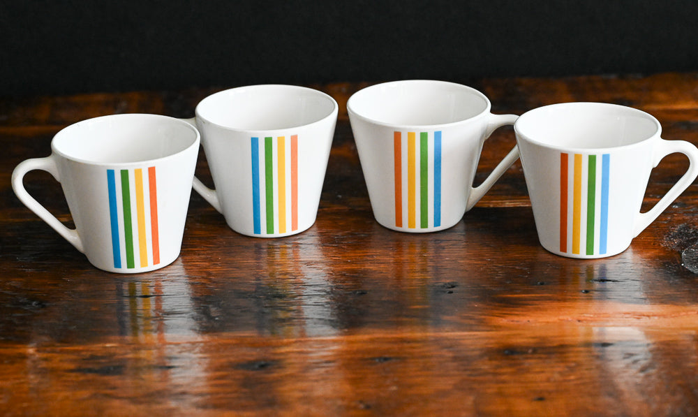 Syracuse Striped Syralite coffee mugs, blue/yellow/orange and green stripes