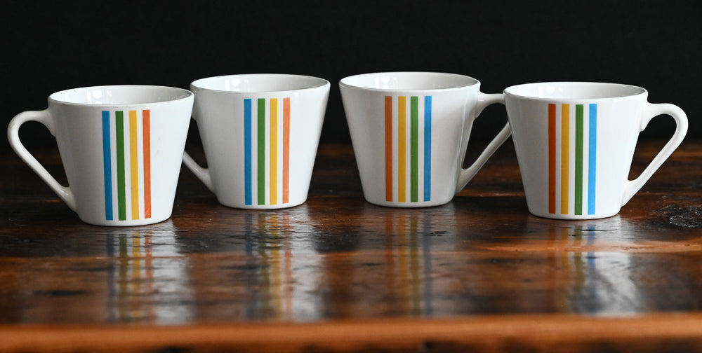 Syracuse Striped Syralite coffee mugs, blue/yellow/orange and green stripes
