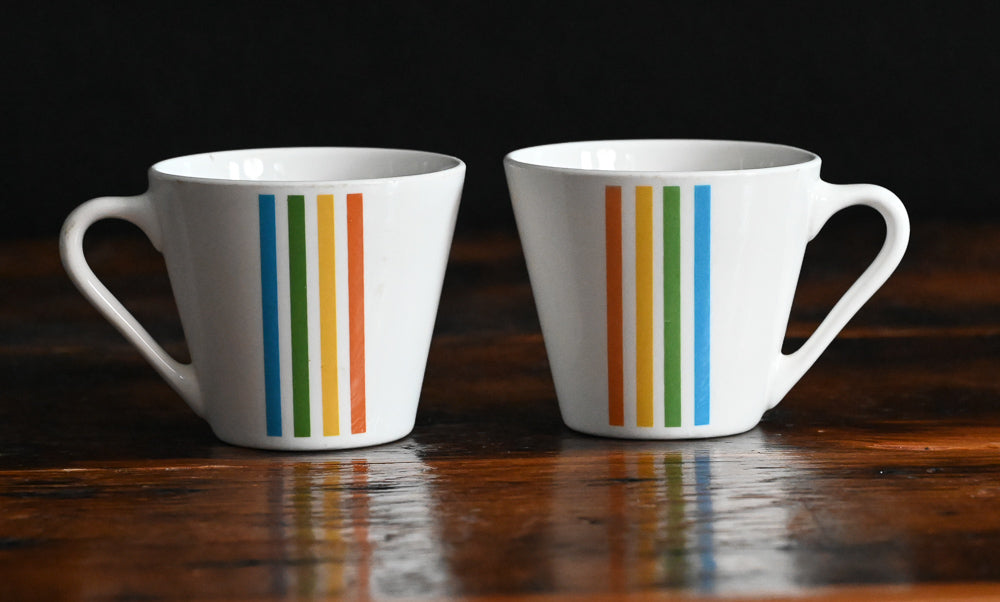 Syracuse Striped Syralite coffee mugs, blue/yellow/orange and green stripes