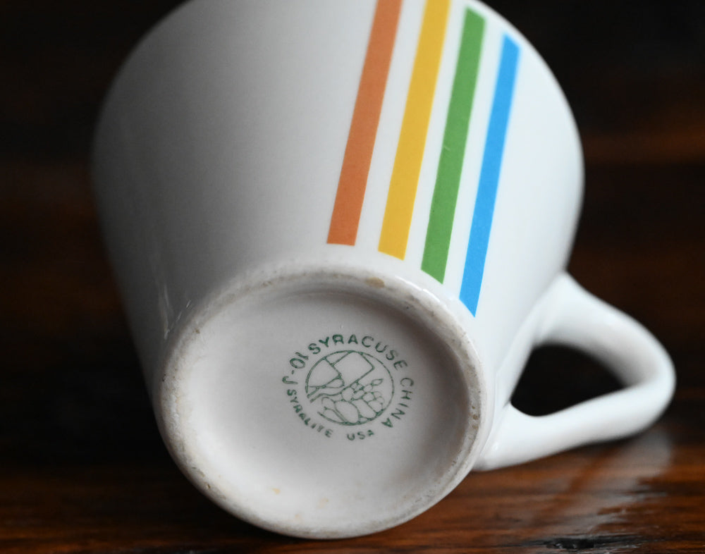 Syracuse Striped Syralite coffee mugs, blue/yellow/orange and green stripes