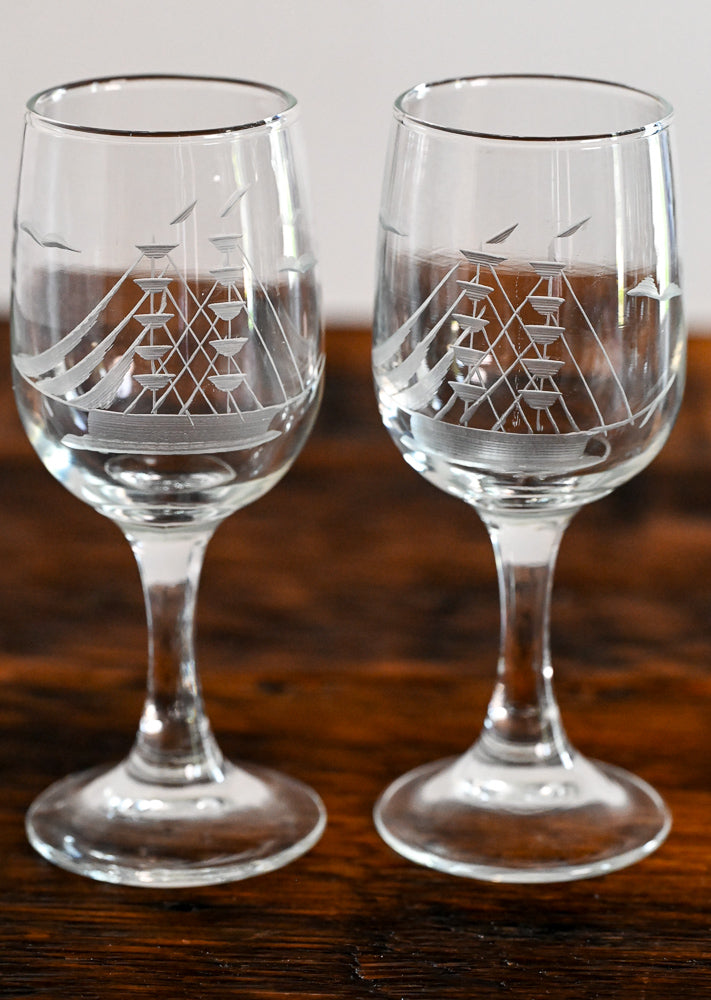 Vintage Etched and Cut Crystal Wine Glasses or Water Goblets Set