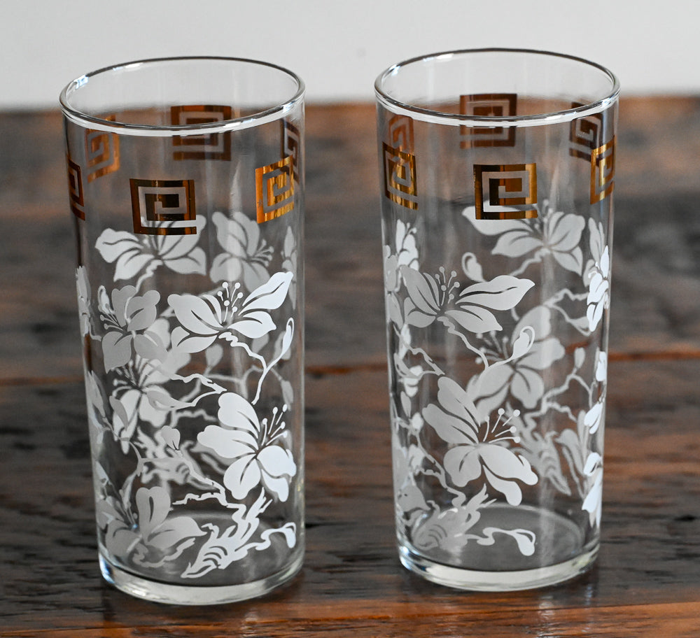 Gold Greek Key and white floral Anchor Hocking Highballs