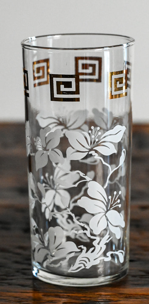 Gold Greek Key and white floral Anchor Hocking Highballs