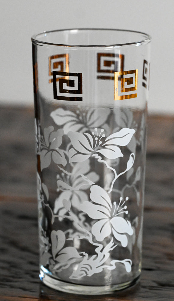 Gold Greek Key and white floral Anchor Hocking Highballs