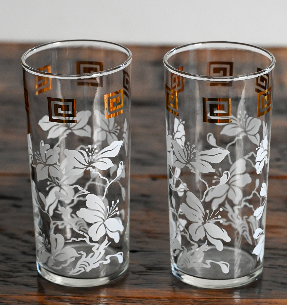 Gold Greek Key and white floral Anchor Hocking Highballs