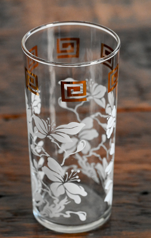 Gold Greek Key and white floral Anchor Hocking Highballs