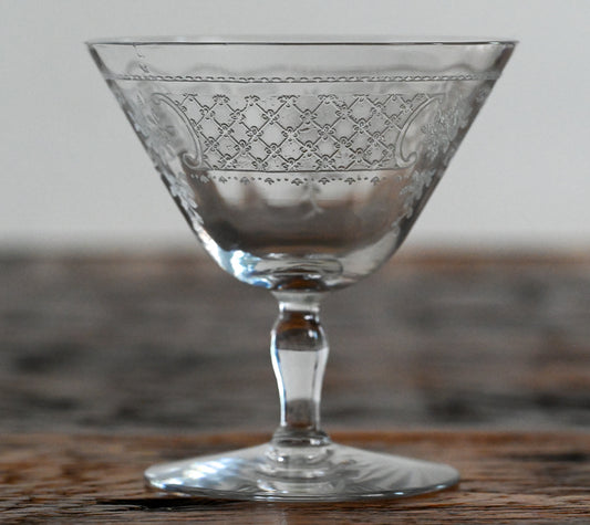 Fostoria Etched Low Sherbet glass/coupe glass on wood table