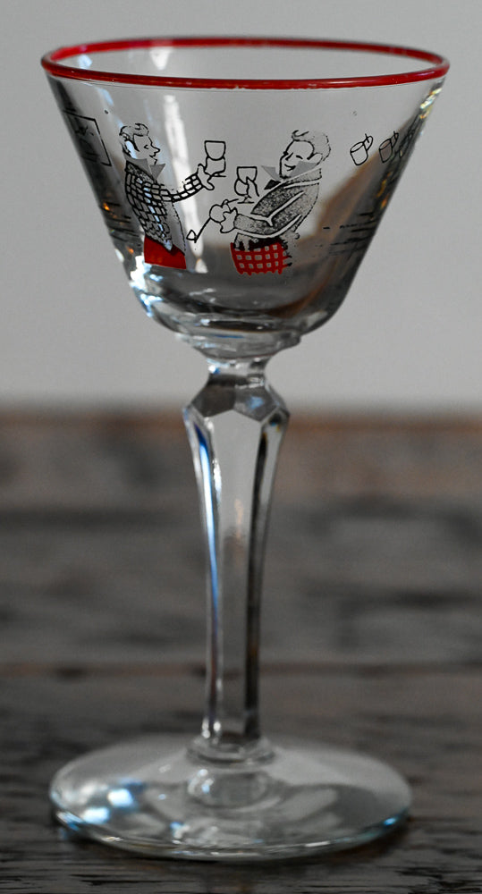Libbey black and red scene of men drinking, red rim cocktail coupe