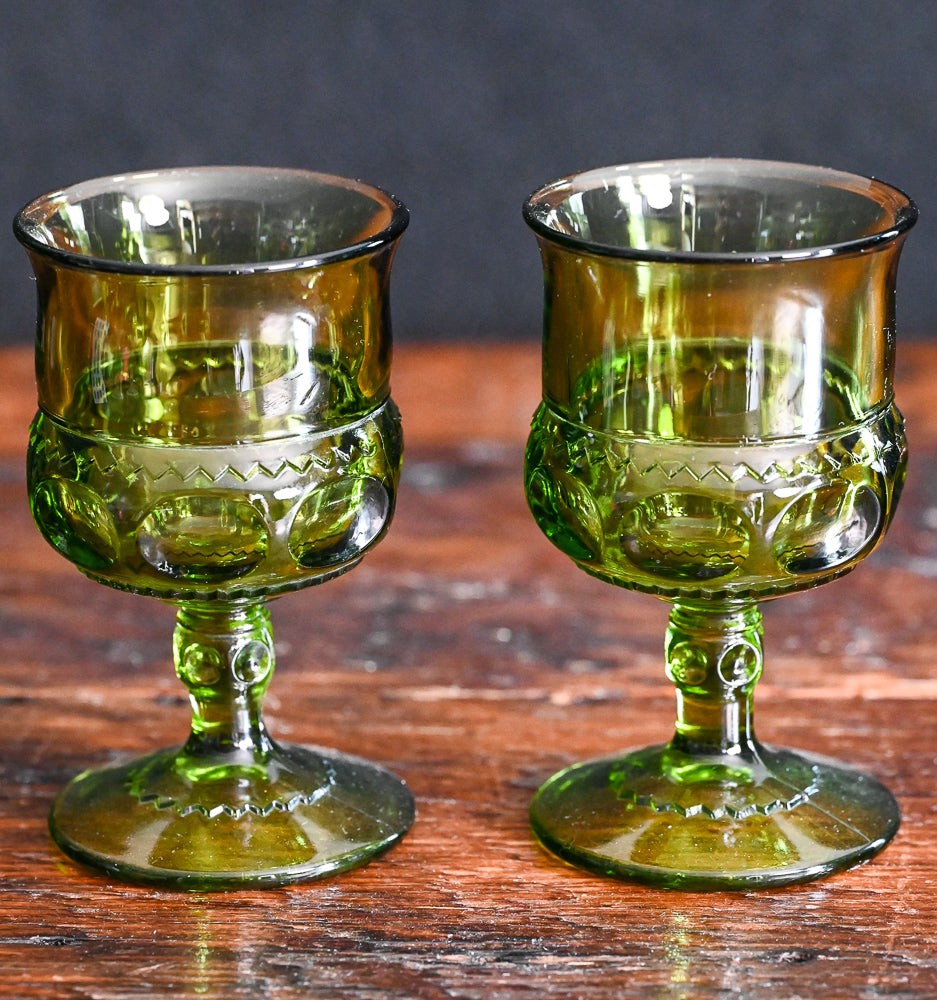 green Indiana Glass Kings Crown thumbprint wine goblets