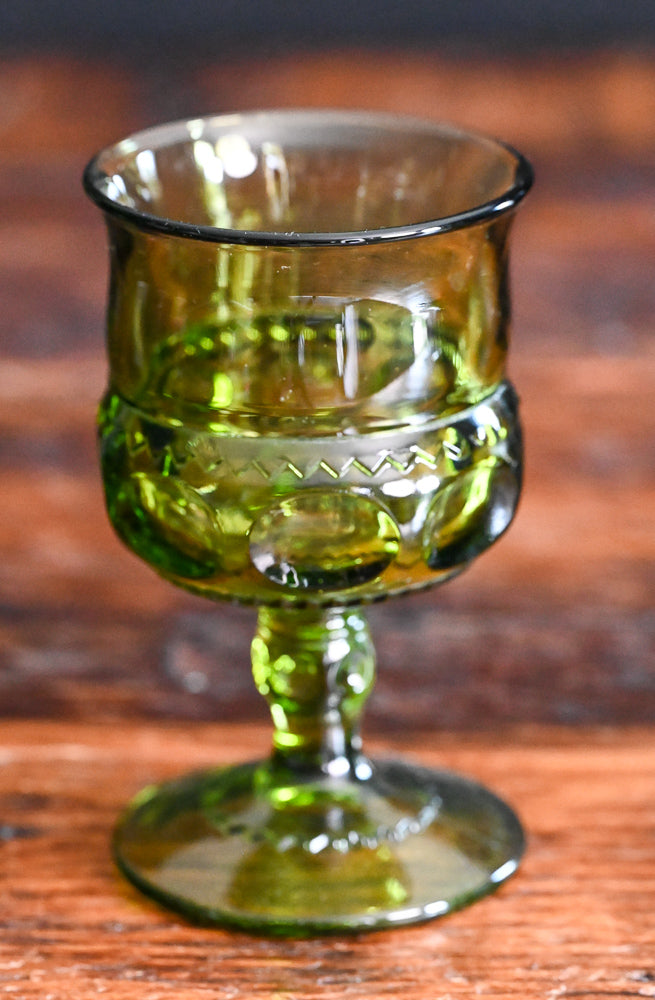 green Indiana Glass Kings Crown thumbprint wine goblets