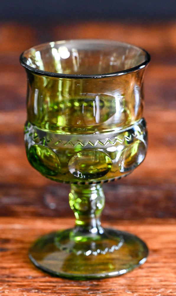 green Indiana Glass Kings Crown thumbprint wine goblets