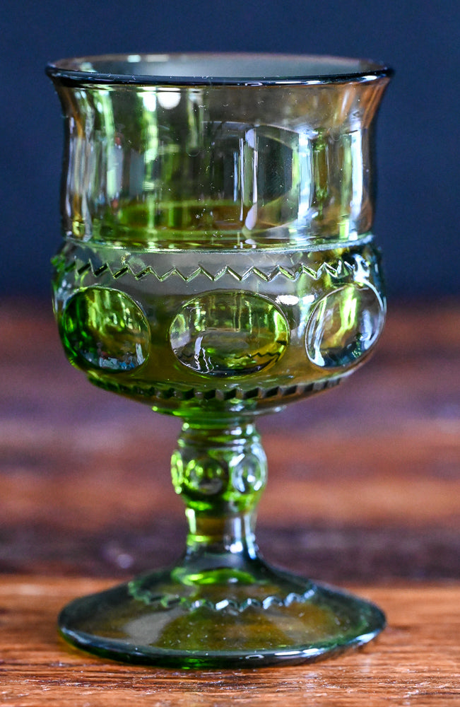 green Indiana Glass Kings Crown thumbprint wine goblets