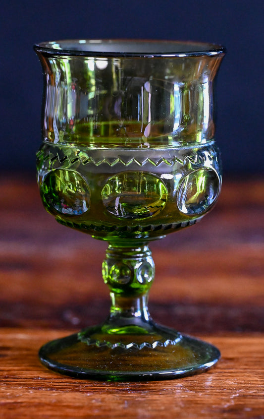 green Indiana Glass Kings Crown thumbprint wine goblets