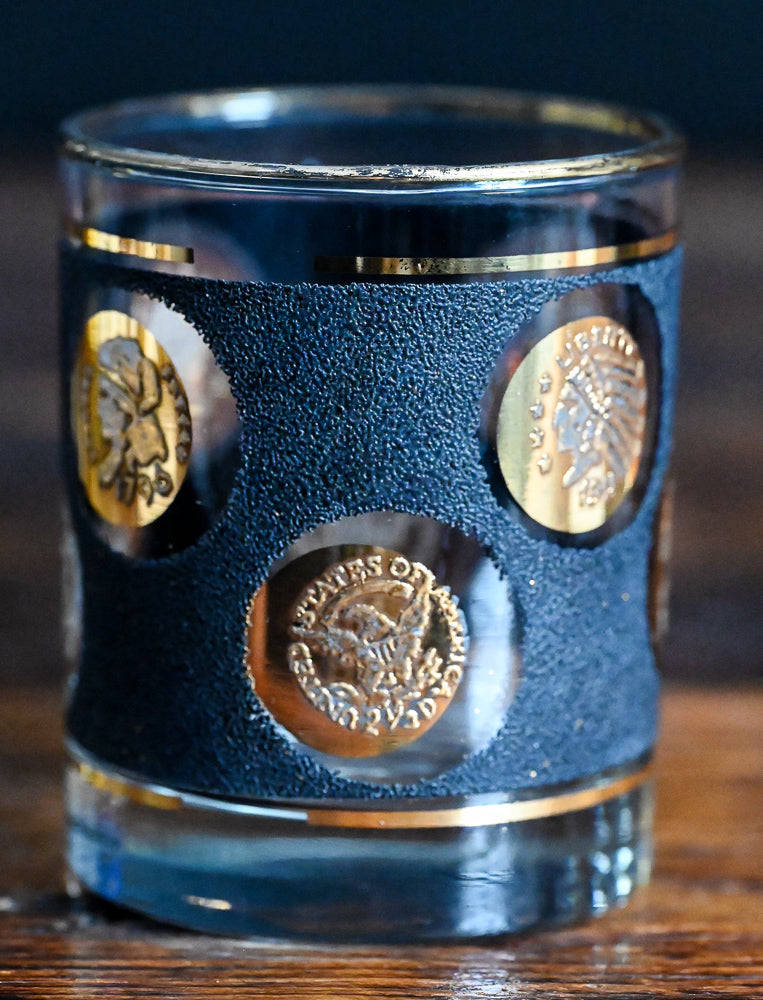 Libbey Gold Coin 22K gold, textured black rocks glass