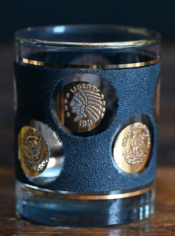 Libbey Gold Coin 22K gold, textured black rocks glass