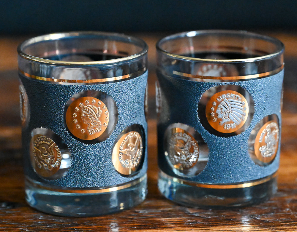Libbey Gold Coin 22K gold, textured black rocks glass