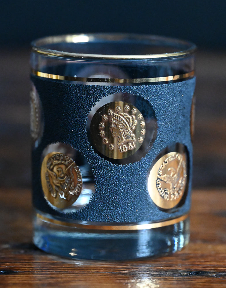 Libbey Gold Coin 22K gold, textured black rocks glass