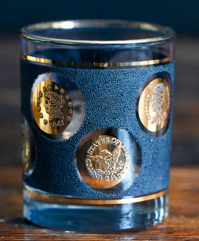 Libbey Gold Coin 22K gold, textured black rocks glass