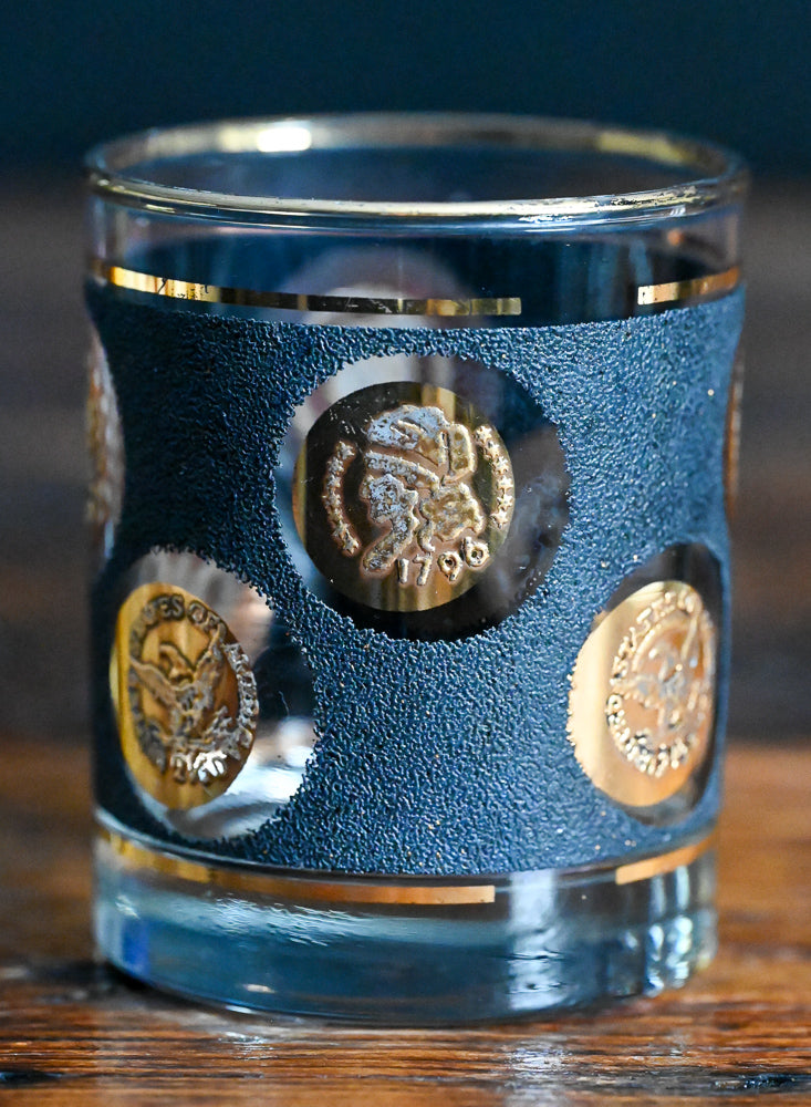 Libbey Gold Coin 22K gold, textured black rocks glass