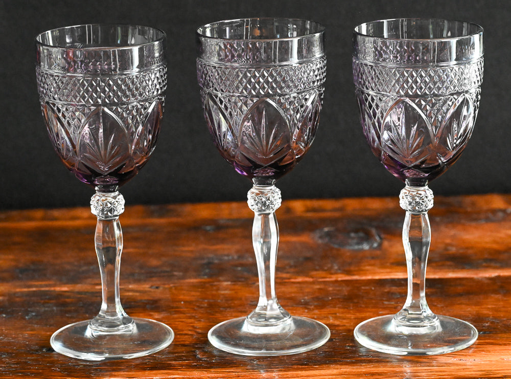 Cristal D'Arques Durand Amethyst Water Goblets with purple glass and clear stem
