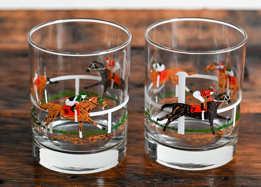 horses and jockeys rocks glass