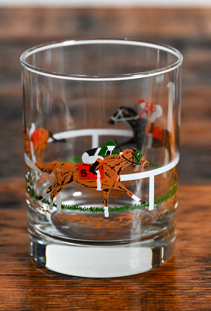 horses and jockeys rocks glass