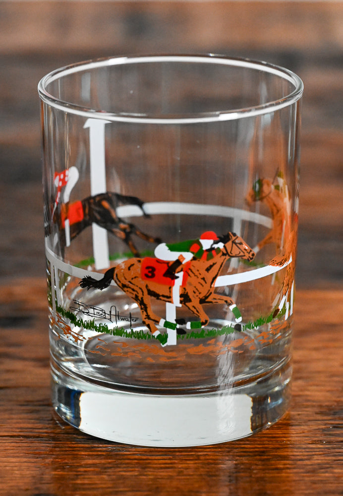 horses and jockeys rocks glass