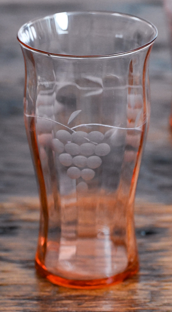 pink glass etched with grape bunches