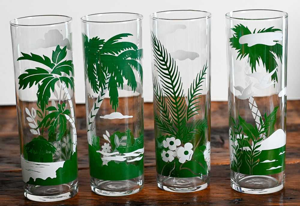 green and white tropical print Libbey Tom Collins glasses